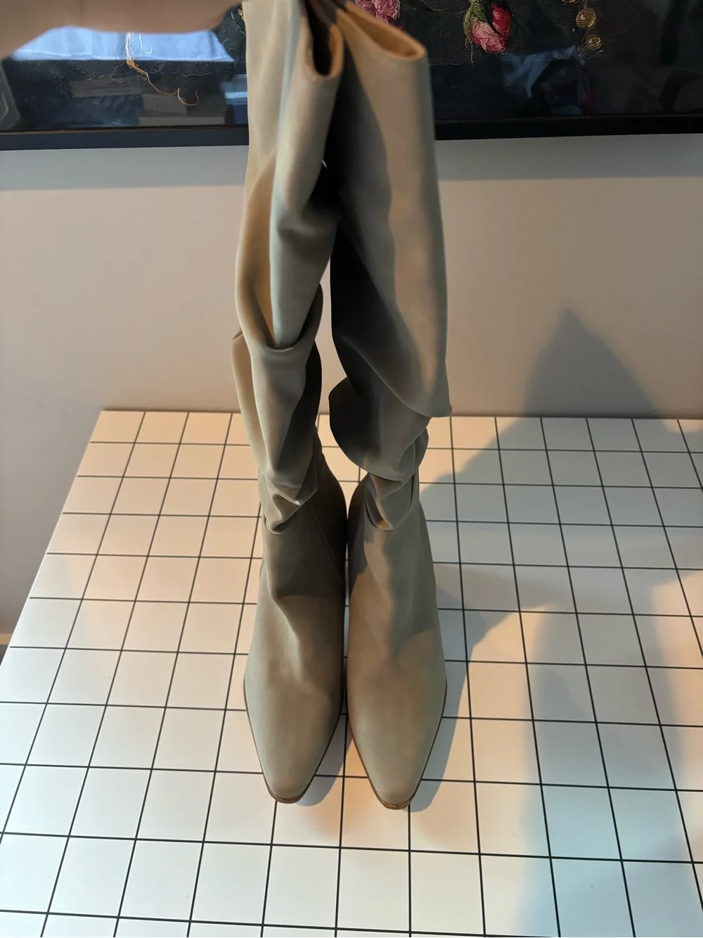 Knee-High Slouch Block Heel Boots in Taupe